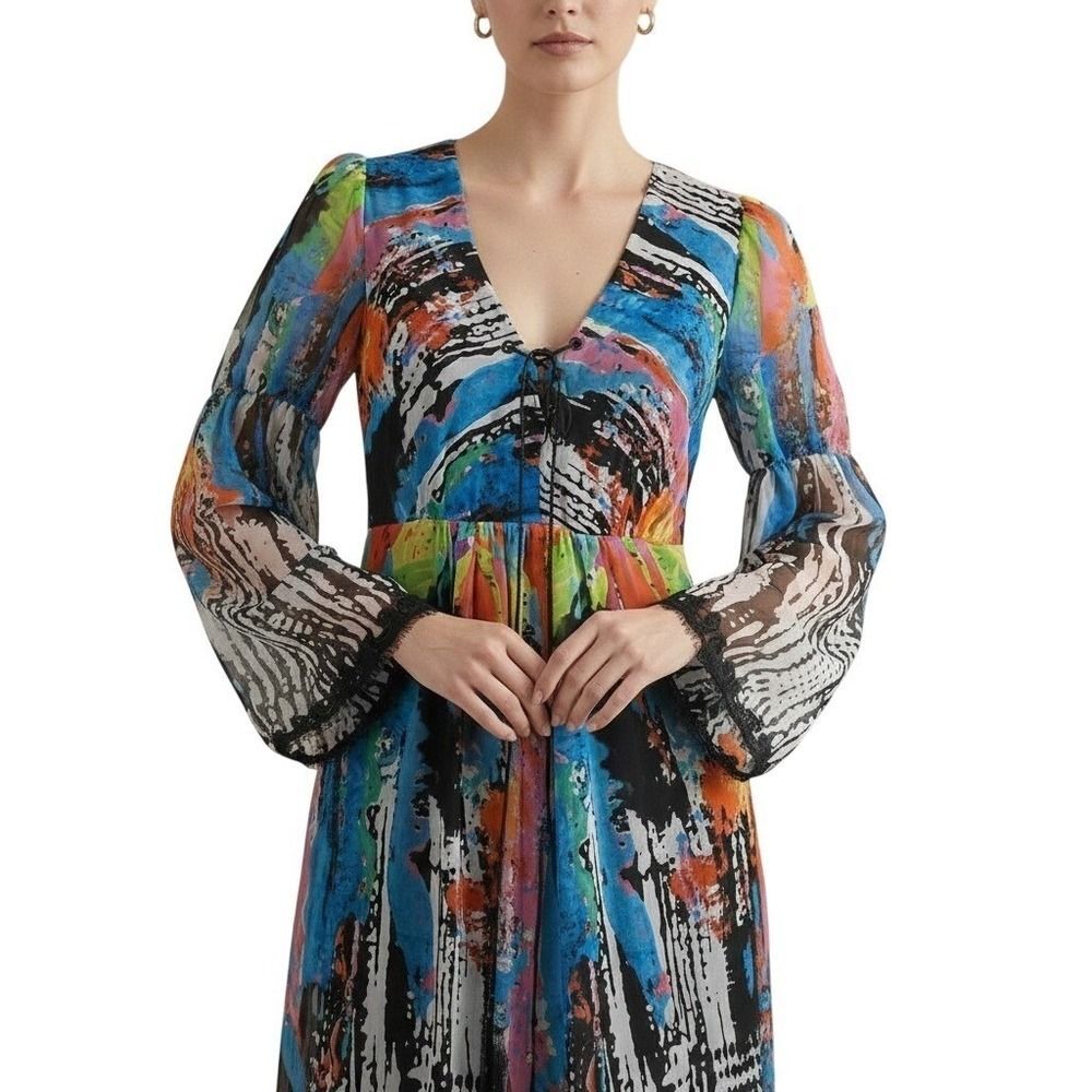 Vintage Oleg Cassini 80s 90s Abstract Boho Sheer Bell Sleeve Midi Dress Sz 6
